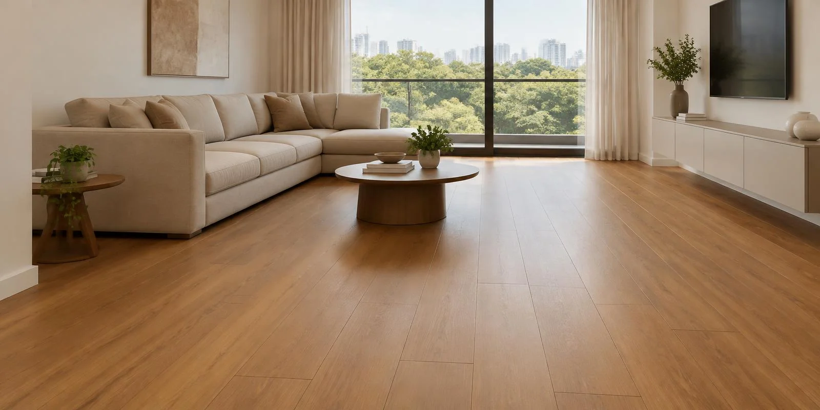 Piso laminado Durafloor tom freijó instalado em sala de estar em Jaú