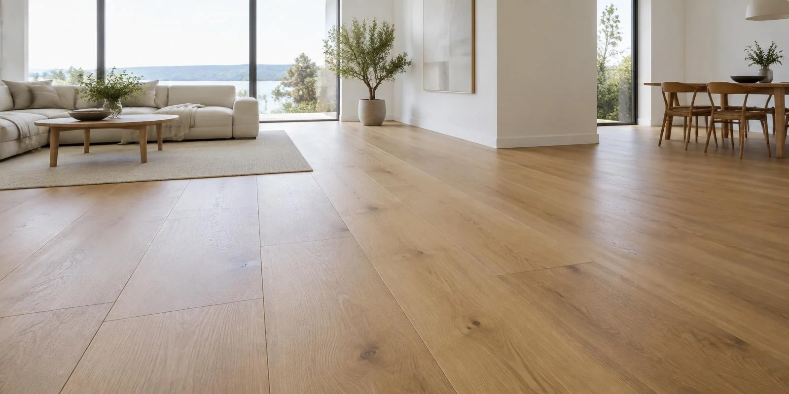 Piso laminado Eucafloor de réguas largas tom carvalho dourado em sala ampla em Jaú