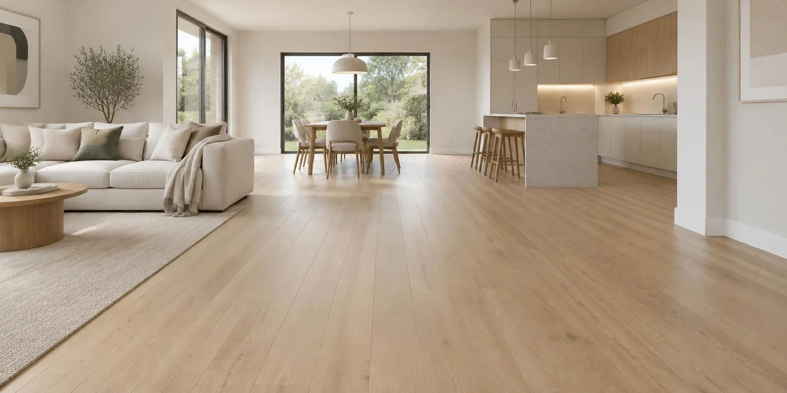 Piso laminado Quick-Step de réguas extralongas tom carvalho claro em sala integrada em Jaú