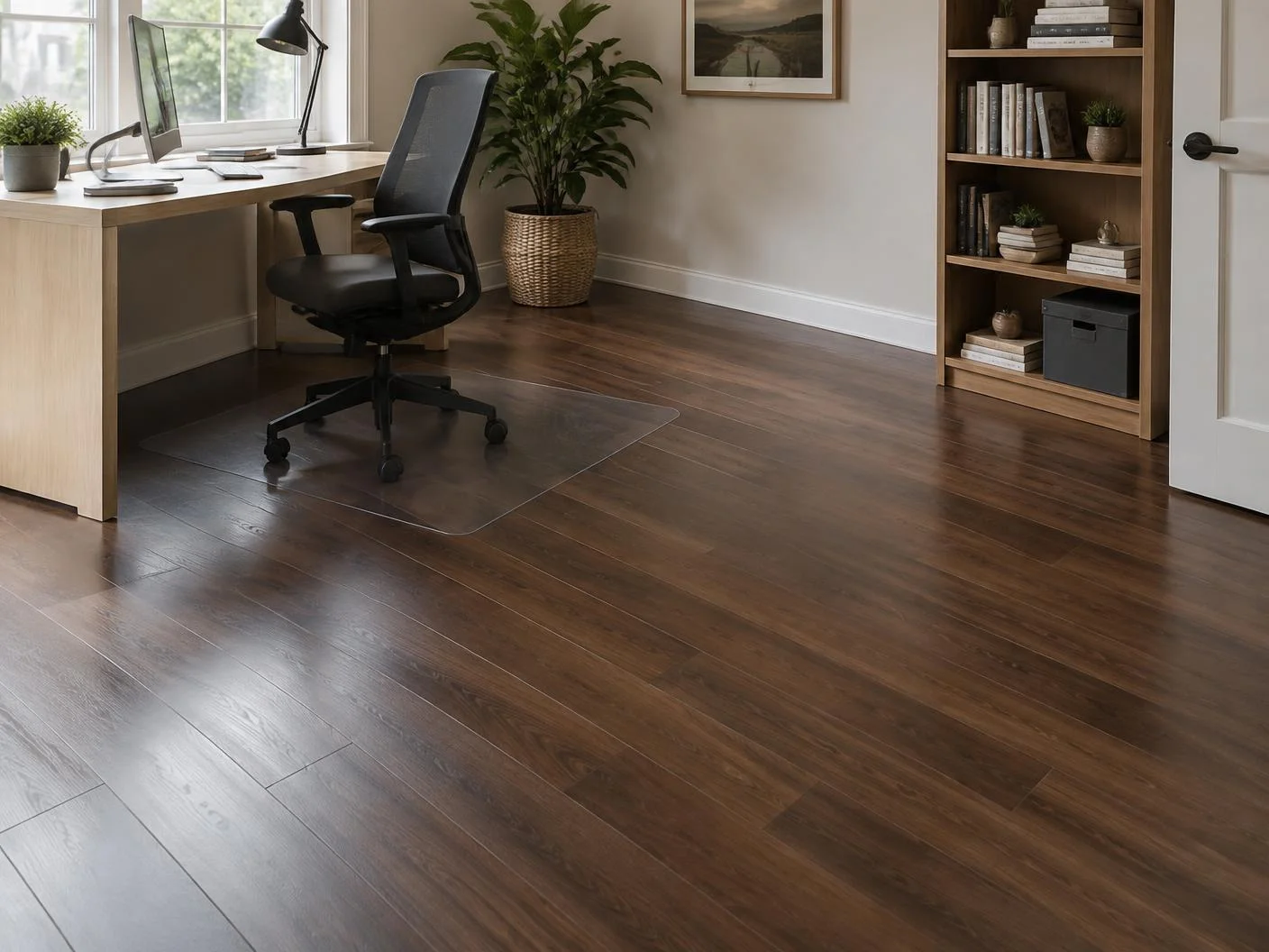 Piso laminado tom nogueira escuro instalado em home office em Jaú